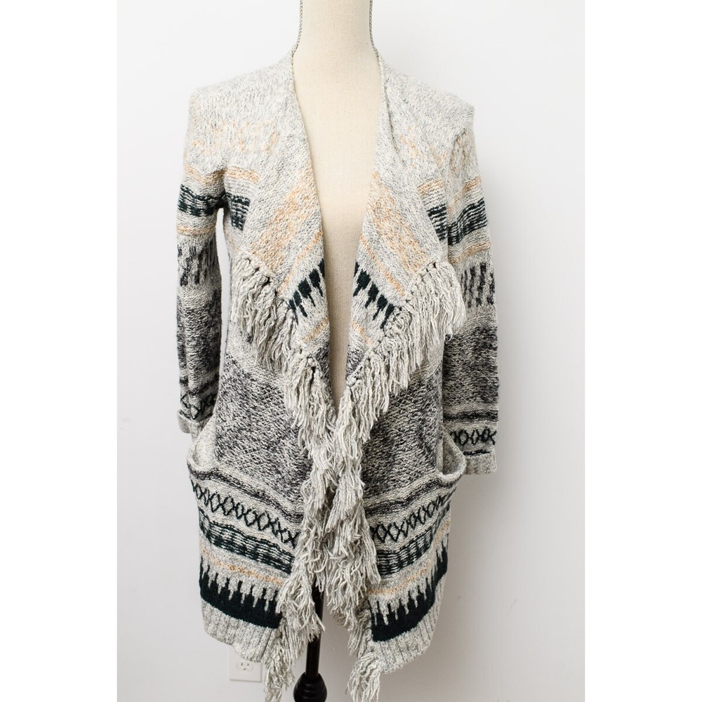 Cabi cardigan XS  open front fringe southwest light gray prairie cowgirl